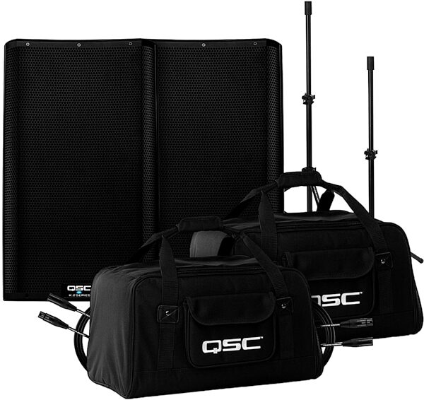 QSC K12.2 Powered Loudspeaker (2000 Watts, 1x12"), Pair, Bundle with Bags, Stands, and Cables, pack