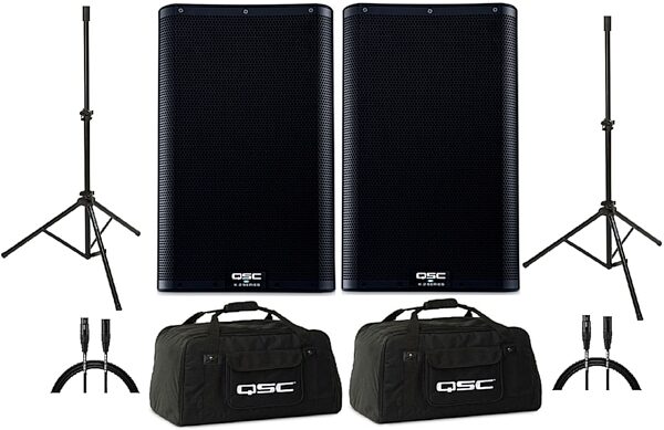 QSC K10.2 Powered Loudspeaker (2000 Watts, 1x10"), Pair, Bundle with Bags, Stands, and Cables, Main