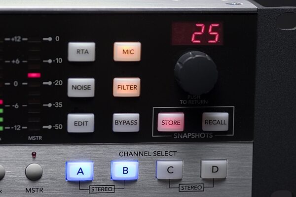 Mackie QuadEQ 4-Channel Digital Graphic Equalizer, Right Closeup Buttons