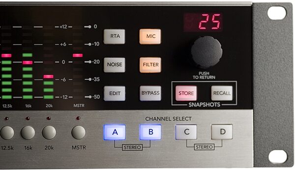 Mackie QuadEQ 4-Channel Digital Graphic Equalizer, Right Closeup Buttons 2