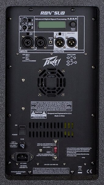 Peavey RBN-215 SUB Powered PA Subwoofer (2000 Watts, 2x15"), Back Panel