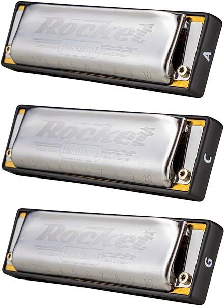 Hohner Rocket Low Harmonica, 3-Pack (Key of C, G, and A), Action Position Front
