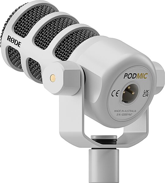 Rode PodMic Cardioid Dynamic Podcast Microphone, White, Action Position Back