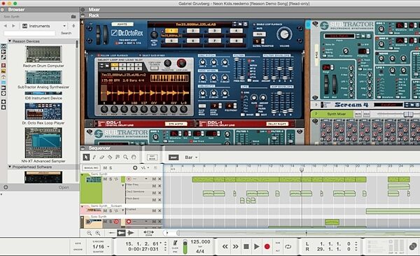 Propellerhead Reason 9.5 Essentials Recording Software, Screenshot of Rack and Sequencer
