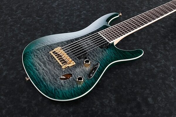 Ibanez S5527QFX Prestige Electric Guitar, 7-String (with Case), Dark Green Doom Body Top