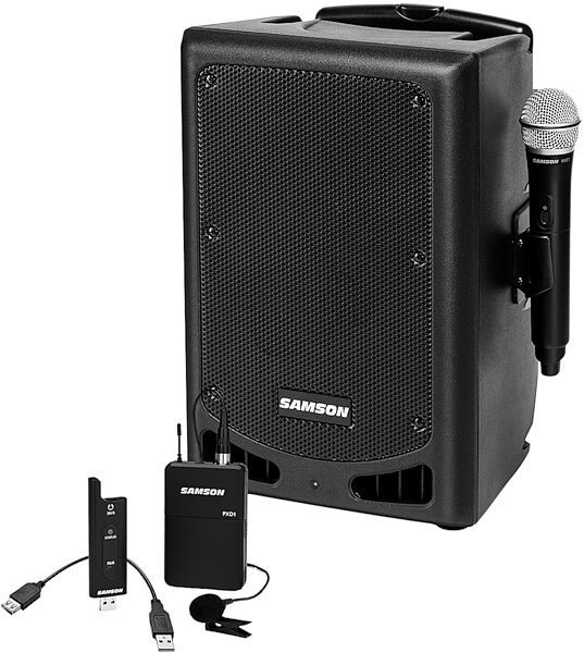 Samson Expedition XP208w Rechargeable PA System, Bundle with Samson XPD2 LM8 USB Digital Wireless Lavalier Microphone System, pack