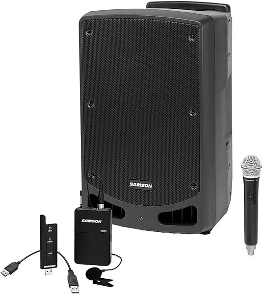Samson Expedition XP310w Rechargeable Portable PA System, Band D (542-566 MHz), Bundle with Samson XPD2 LM8 USB Digital Wireless Lavalier Microphone System, pack