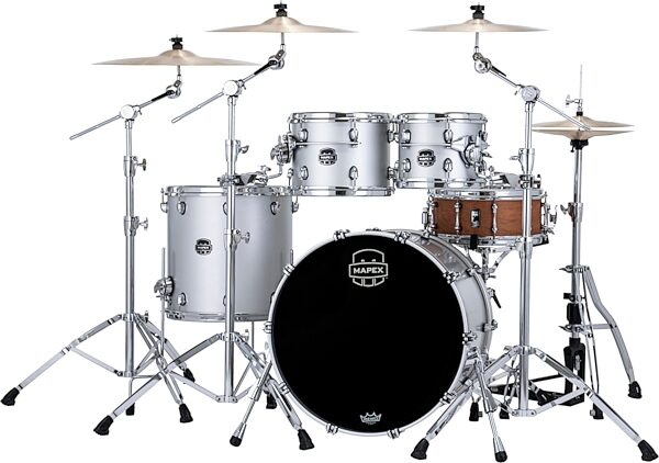 Mapex Saturn Evolution Rock Birch/Walnut Drum Shell Kit, 4-Piece, Iridium Silver, Action Position Back