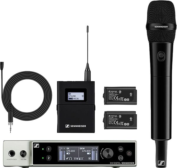 Sennheiser EW-DX MKE 2/835-S Dual Wireless Microphone Combo Set, Band Q1-9, Main with all components Front