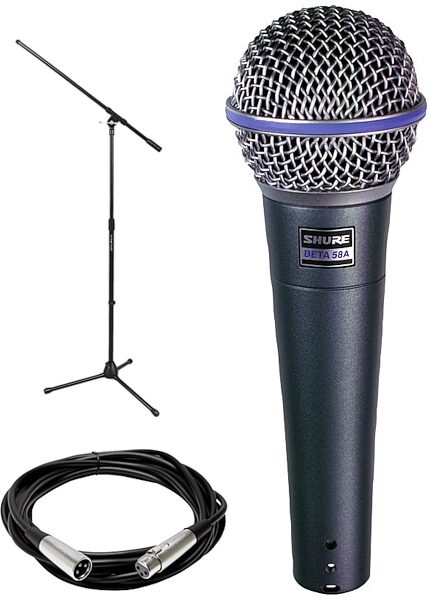 Shure Beta 58A Supercardioid Dynamic Microphone, With Tripod Boom Mic Stand and Cable (20 Foot), Shure-Beta58-Package