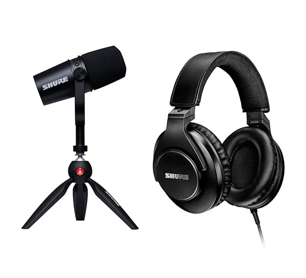 Shure MOTIV MV7 Dynamic Cardioid USB and XLR Podcast Microphone, Black, Podcast Kit with Manfrotto PIXI Mini Tripod &amp; SRH440A Headphones, Main