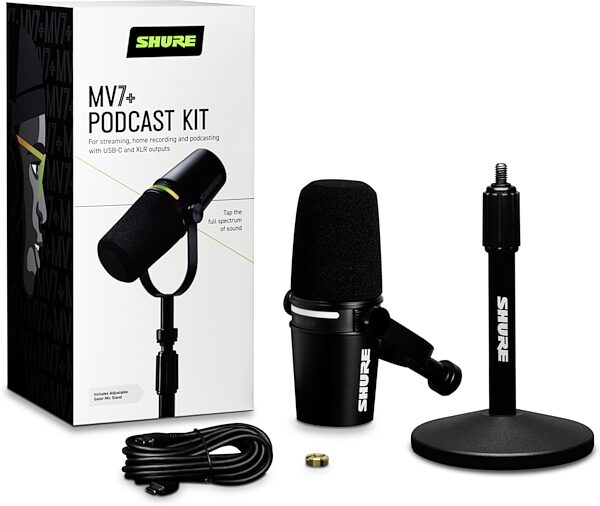 Shure MOTIV MV7 Dynamic Cardioid USB and XLR Podcast Microphone, Black, Podcast Kit with Manfrotto PIXI Mini Tripod &amp; SRH440A Headphones, Action Position Back