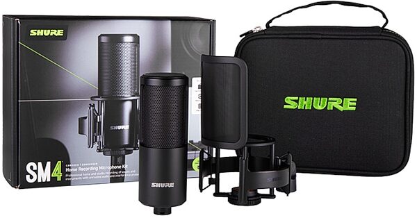 Shure SM4 Dual-Diaphragm Cardioid Condenser Mic, Black, SM4-K-KIT, with Shock Mount, Magnetic Pop Filter and Carrying Case, Main with all components Front