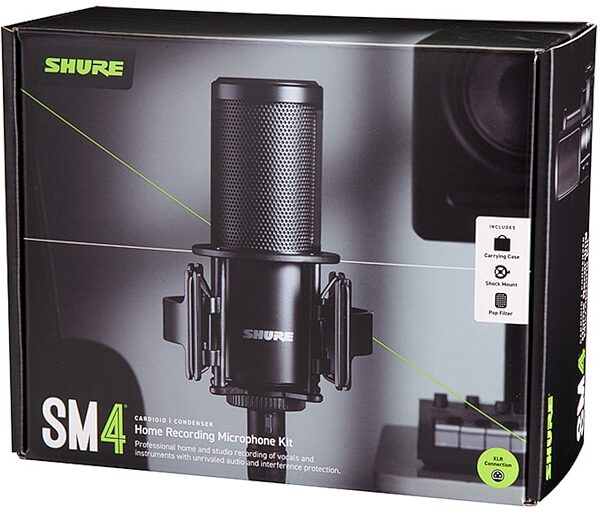 Shure SM4 Dual-Diaphragm Cardioid Condenser Mic, Black, SM4-K-KIT, with Shock Mount, Magnetic Pop Filter and Carrying Case, Boxshot Front