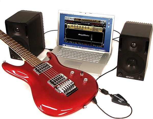 IK Multimedia StealthPlug Guitar/Bass USB Audio Interface Cable with Plug-Ins, In Use With Monitors