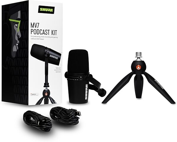 Shure MOTIV MV7 Dynamic Cardioid USB and XLR Podcast Microphone, Black, Podcast Kit with Manfrotto PIXI Mini Tripod, Main with all components Side