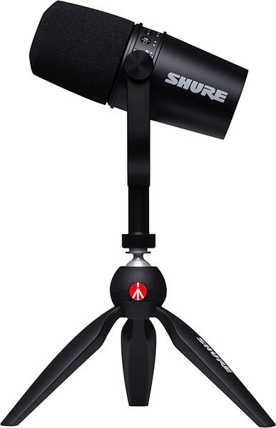 Shure MOTIV MV7 Dynamic Cardioid USB and XLR Podcast Microphone, Black, Podcast Kit with Manfrotto PIXI Mini Tripod, Shure MV7 Podcast Kit Microphone with Mic Stand Side 1