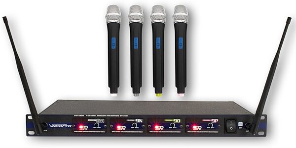 VocoPro UHF-5800 4-Channel Handheld Wireless Microphone System (with Gig Bag), Pack 12, Frequency Bands 9M, 9N, 9O, 9P, Action Position Back
