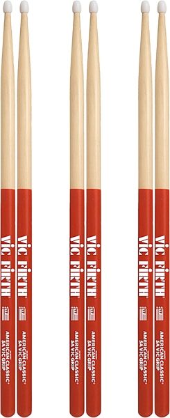 Vic Firth American Classic 5A Drumsticks with Vic Grip, Red, Nylon Tip, 3-Pack, pack