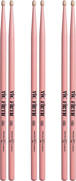 Vic Firth American Classic 5A Drumsticks, Pink, Wood Tip, 3-Pack, pack