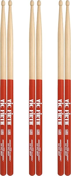 Vic Firth American Classic 5A Drumsticks with Vic Grip, Red, Wood-Tip, 3-Pack, pack