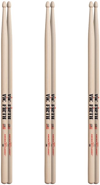 Vic Firth American Classic 5B Drumsticks, Natural, Wood Tip, 3 Pairs, pack