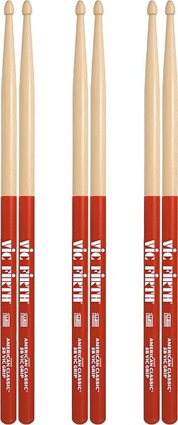 Vic Firth American Classic 5B Drumsticks with Vic Grip, Red, 5B, 3-Pack, pack