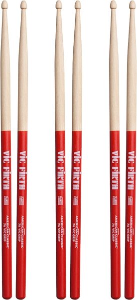 Vic Firth American Classic 7A Drumsticks with Vic Grip, Red, 7A, Wood-Tip, 3-Pack, pack