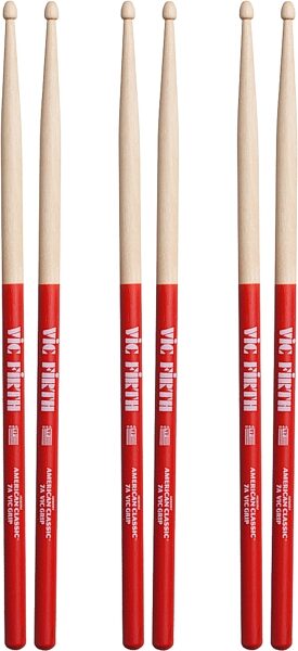 Vic Firth American Classic 7A Drumsticks with Vic Grip, Red, 7A, Wood-Tip, 3-Pack, pack