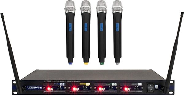 VocoPro UHF-5800 4-Channel Handheld Wireless Microphone System (with Gig Bag), Pack 10, Frequency Bands 9E, 9F, 9G, 9H, Action Position Back