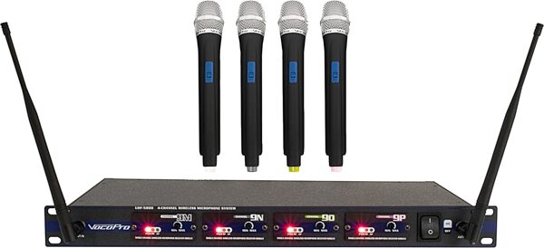 VocoPro UHF-5800 4-Channel Handheld Wireless Microphone System (with Gig Bag), Pack 12, Frequency Bands 9M, 9N, 9O, 9P, Action Position Back