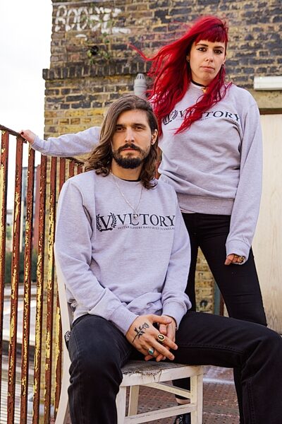 Victory Crewneck Sweatshirt, Grey with Black Logo, Small, Action Position Back