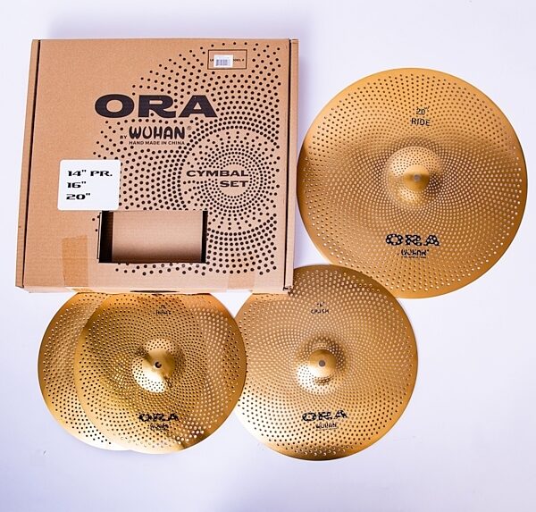 Wuhan ORA Reduced Audio Cymbal Set, 14 inch Hi-Hats, 16 inch Crash, 20 inch Ride, Action Position Back