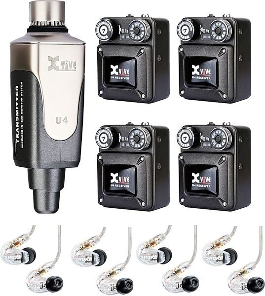 Xvive U4R4 Digital Wireless Quad Receiver In-Ear Monitor System, With 4 Pairs SE215-CL Earphones, Main