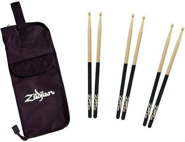 Zildjian Dip Series 5B Drumsticks, Black, Nylon Tip, 3 Pairs with Zildjian Drumstick Bag, sticks