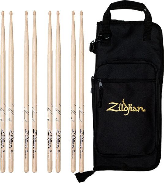 Zildjian 5A Wood Drumsticks, Natural, 4-Pack, with Stick Bag, pack
