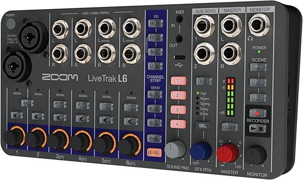 Zoom LiveTrak L-6 Digital Mixer and Multi-Track Recorder, 6-Channel, New, Action Position Front