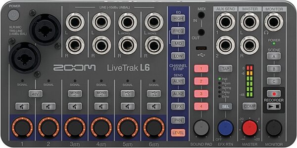 Zoom LiveTrak L-6 Digital Mixer and Multi-Track Recorder, 6-Channel, New, Action Position Front