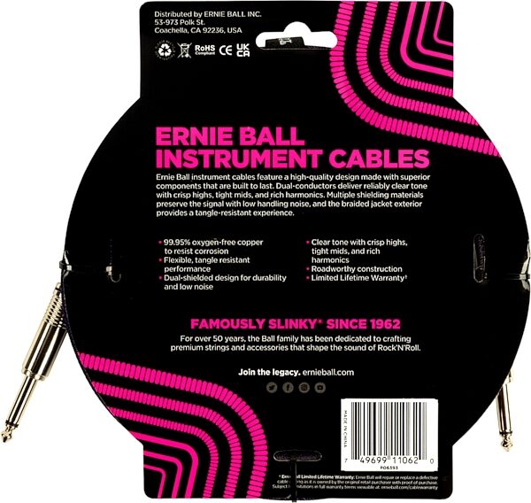 Ernie Ball Braided Instrument Cable, 10 foot, P06393, Action Position Back