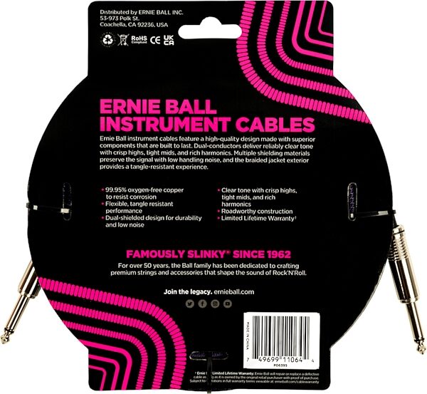 Ernie Ball Braided Instrument Cable, Purple Black, 18 foot, P06395, Action Position Back