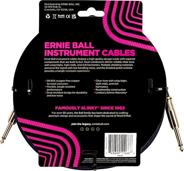 Ernie Ball Braided Instrument Cable, 25 foot, P06397, Action Position Back