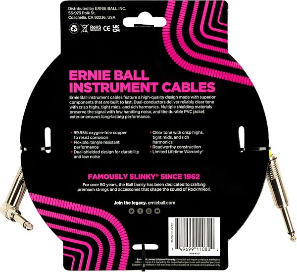 Ernie Ball Instrument Cable, White, 15 foot, Action Position Back
