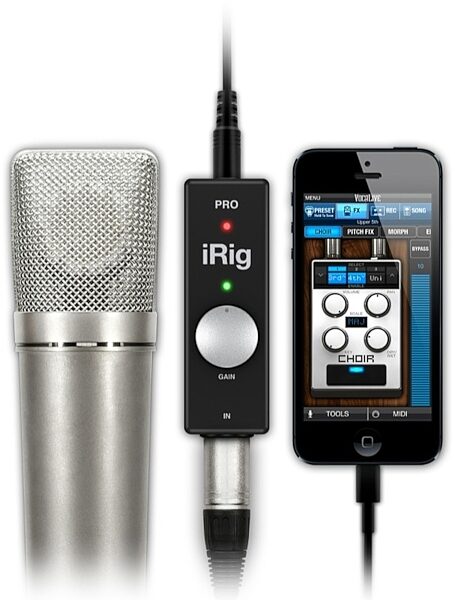 IK Multimedia iRig Pro iOS and USB Audio MIDI Interface, In Use with Mic and iPhone