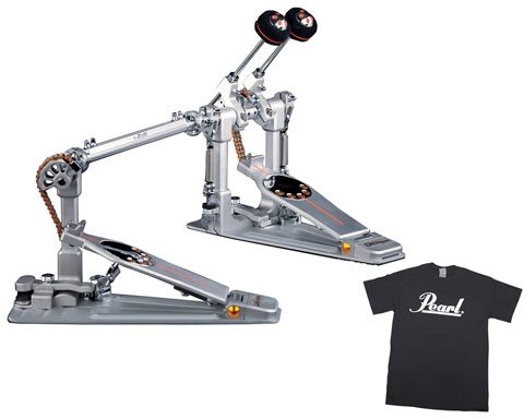 Pearl P3002C Demon Chain Double Bass Drum Pedal (with Case), T-Shirt Pack
