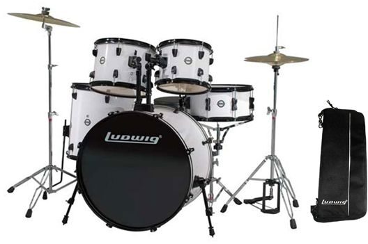 Ludwig LC175 Accent Drive Complete Drum Kit (5-Piece), White with Drumstick Bag
