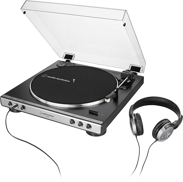 Audio-Technica AT-LP60XHP Belt-Drive Turntable + Headphones Combo Pack, Gray Metallic, USED, Scratch and Dent, Action Position Back