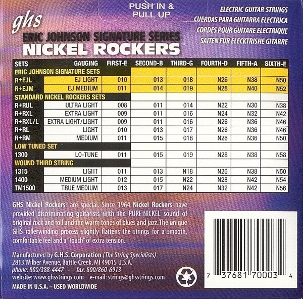 GHS Eric Johnson Nickel Rockers Electric Guitar Strings, Rear