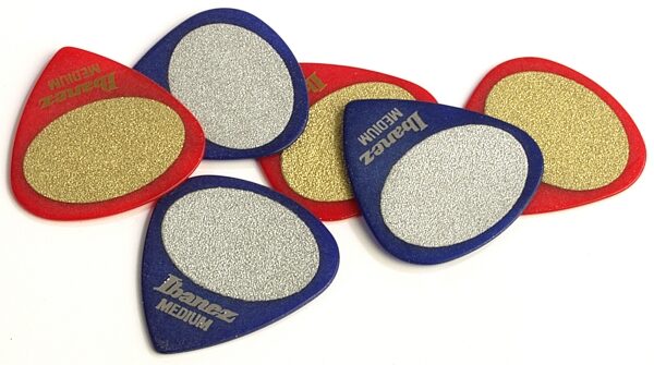 Ibanez Sand Grip Wizard Guitar Picks (6-Pack), Blue and Red, Medium Picks