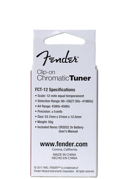 Fender FCT-012 Color Clip-On Tuner, Package Back