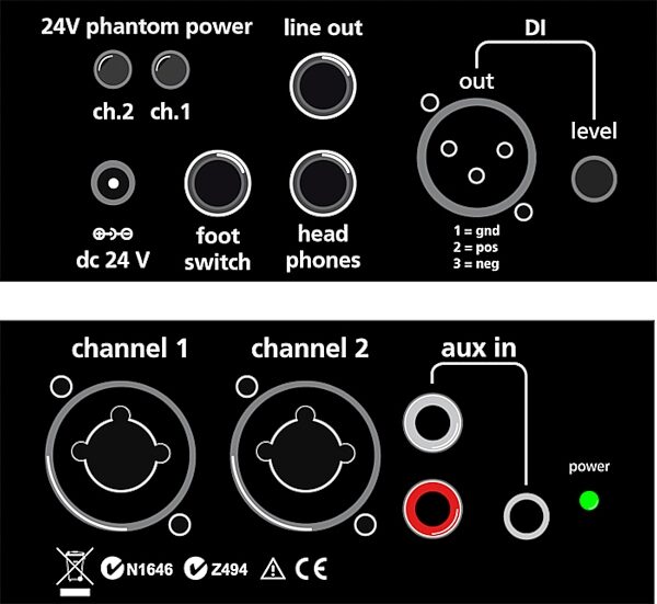 AER Dual-Mix Instrument Preamplifier and Direct Box, Back Diagram